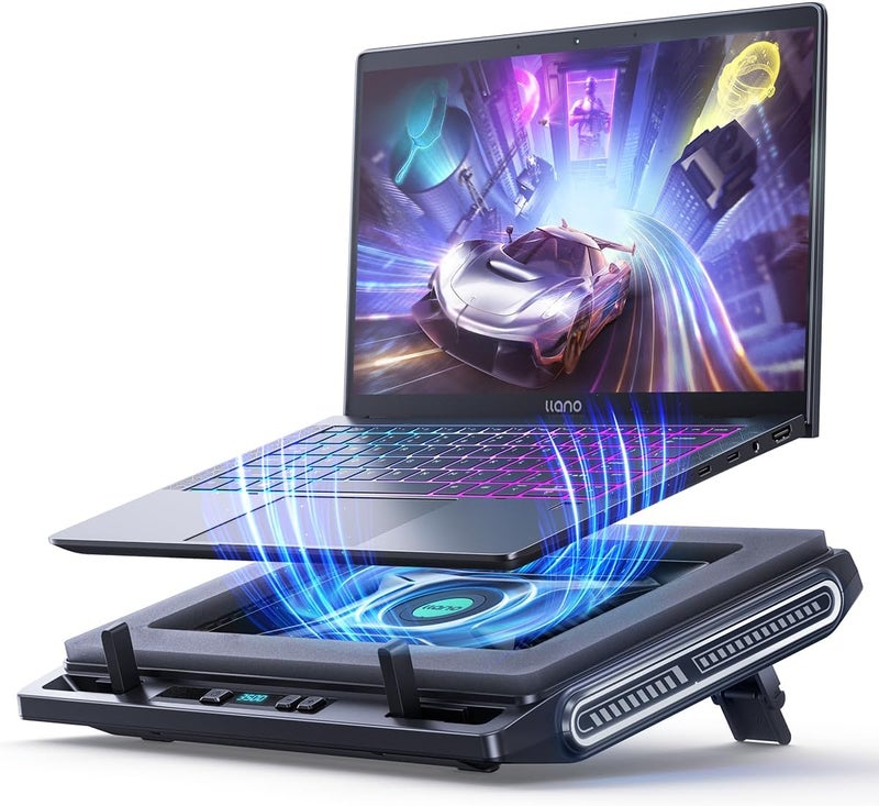 llano Laptop Cooler, Gaming Laptop Cooling Pad with 3500RPM Turbofan, 4.72 Inch External Fan Laptop Stand, Adjustable Variable Speed, Button Control, Seal Foam for Rapid Laptop13-17.3in, V10, Black - Image 1